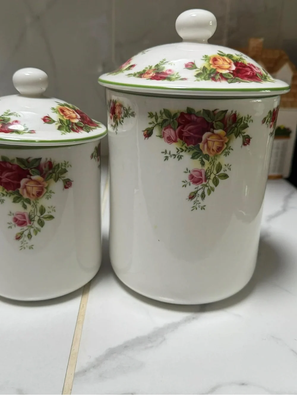 Royal Albert White Porcelain Canister Set with Pink and Yellow Rose Pattern
